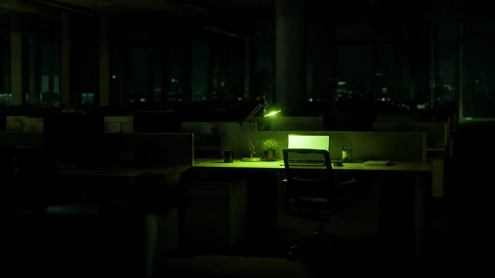 A dark office at night with one workstation glowing under a green desk lamp
