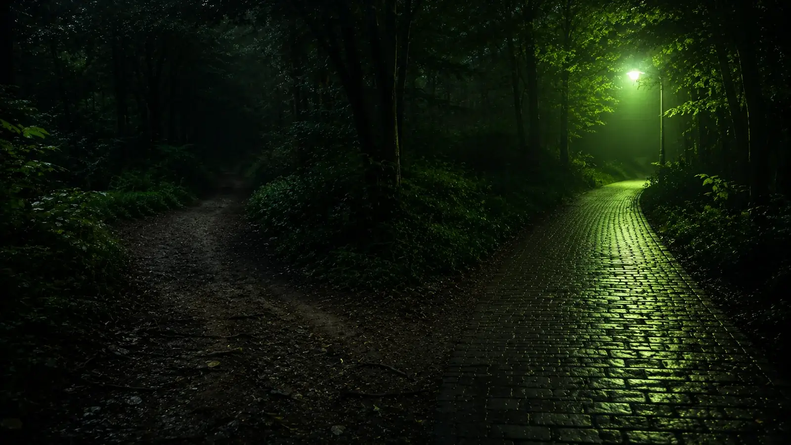 A dark forest path forking in two: one side overgrown dirt, the other paved and lit by a green lamp