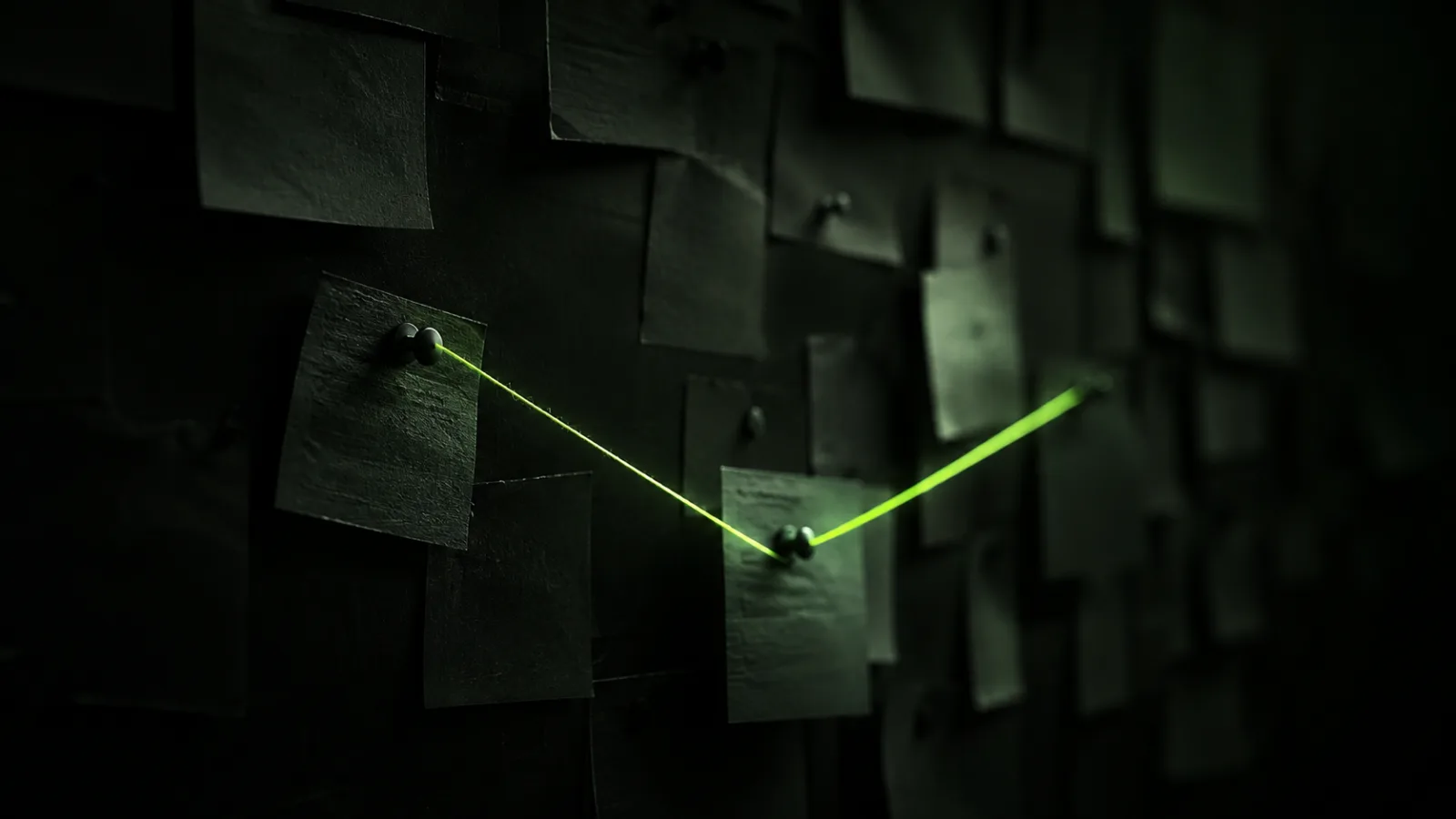 Hundreds of dark paper notes pinned to a wall, a single lime green thread connecting a few of them