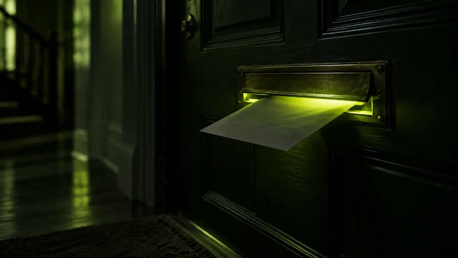 A dark front door seen from a hallway, an envelope pushed halfway through the mail slot with lime light spilling around it