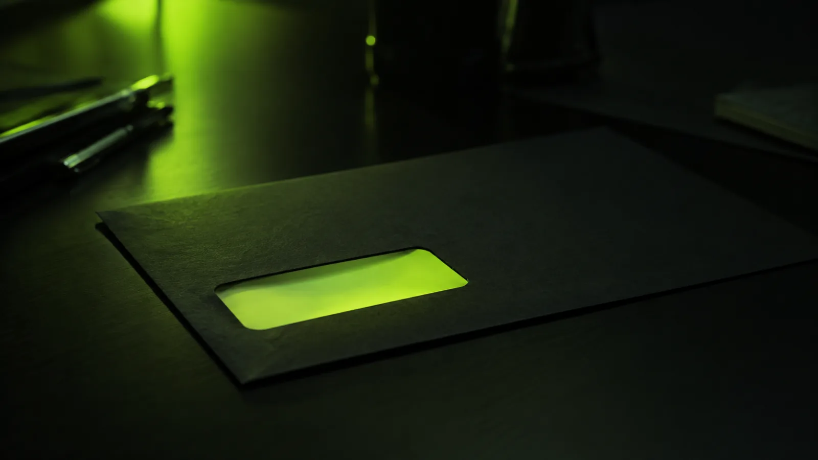 A dark envelope on a desk in near blackness, its address window glowing lime green