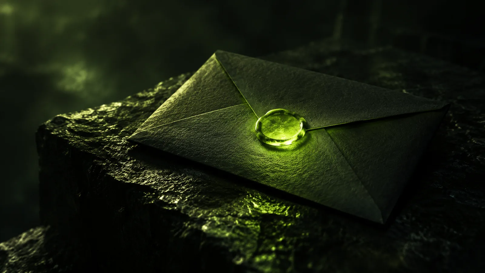 A sealed paper envelope on a dark stone surface, its wax seal glowing lime