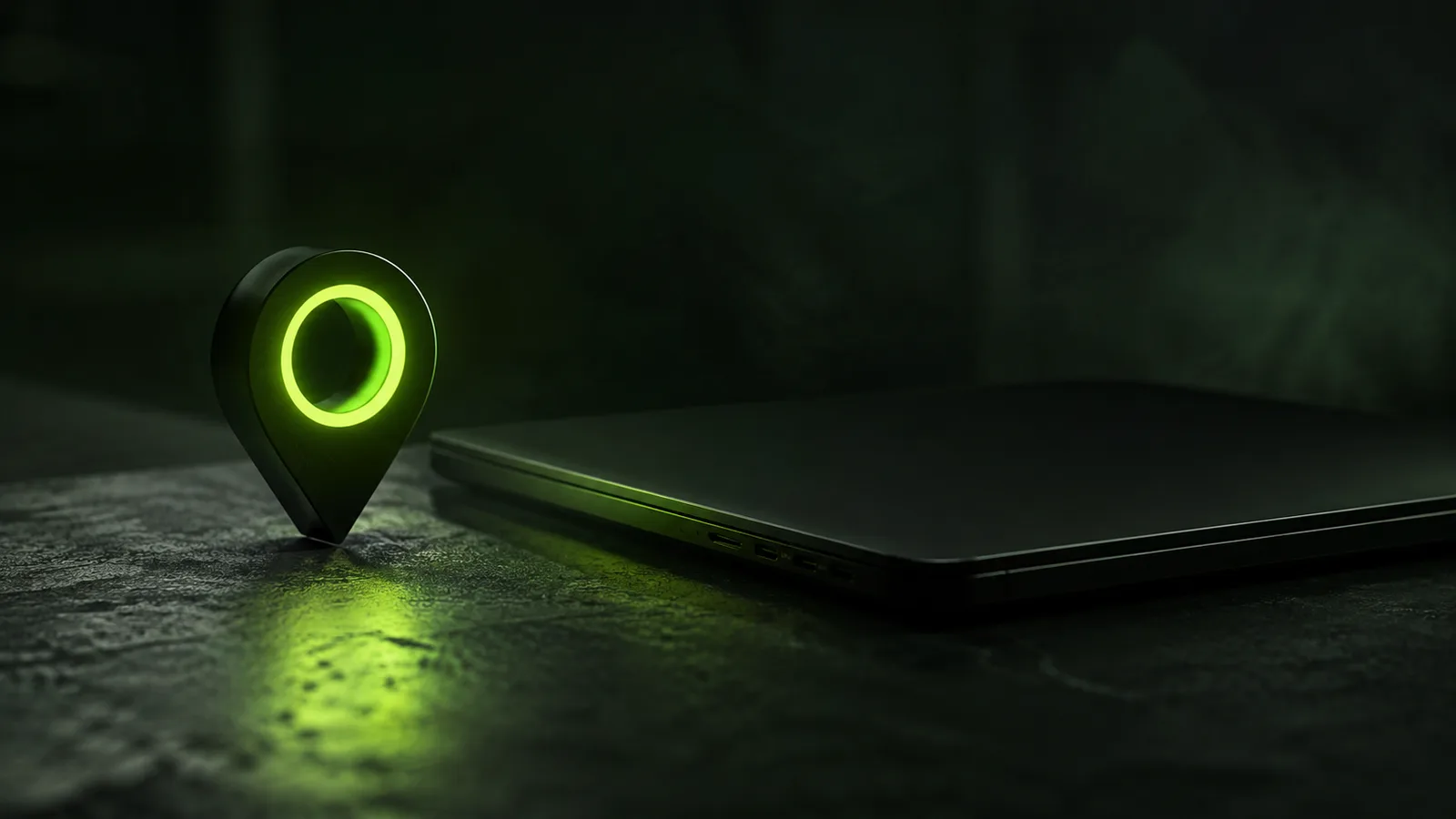 A glowing lime green map pin standing beside a closed black laptop on a dark stone surface