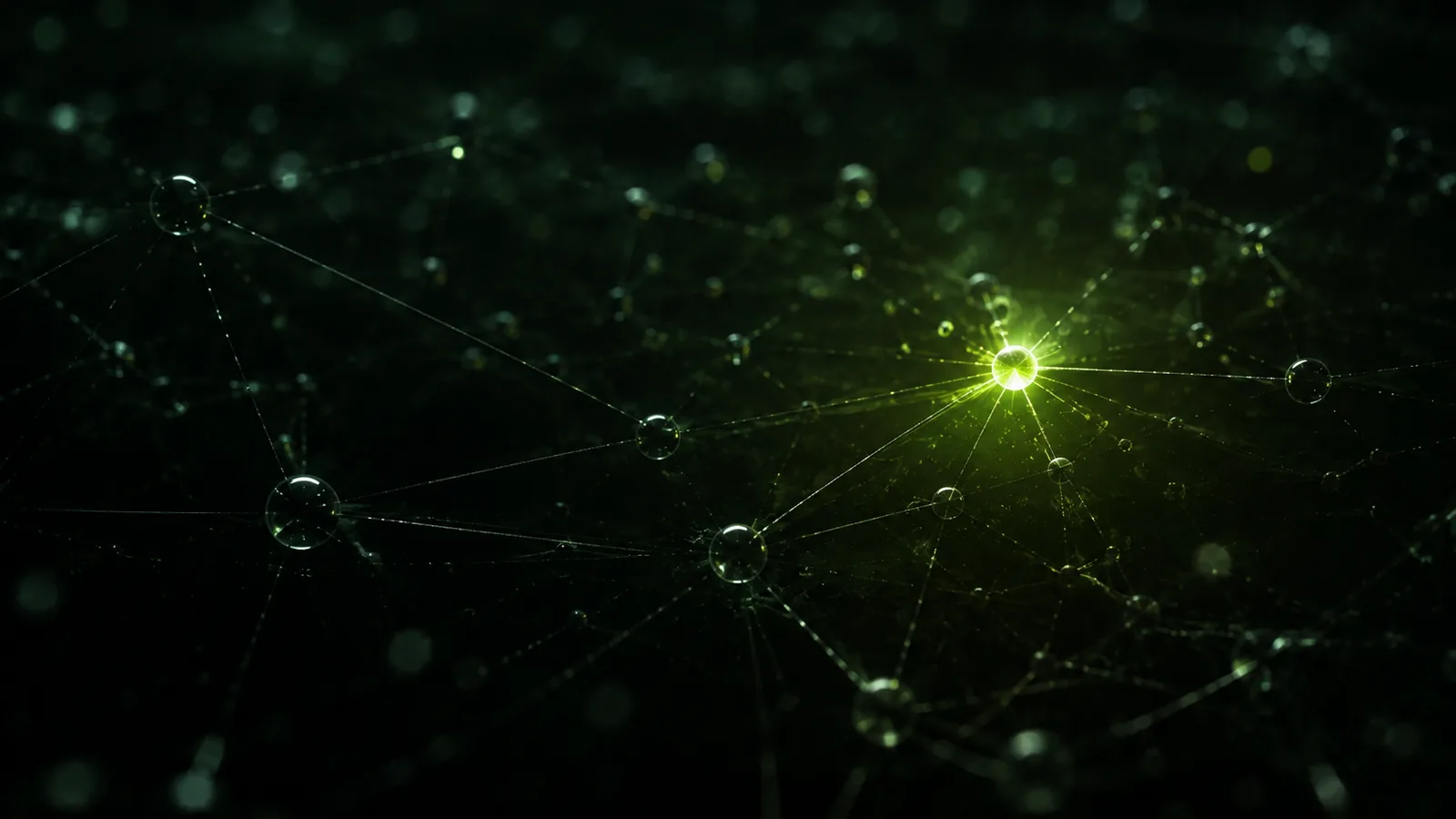 A dark network of connected glass nodes with one node glowing bright green