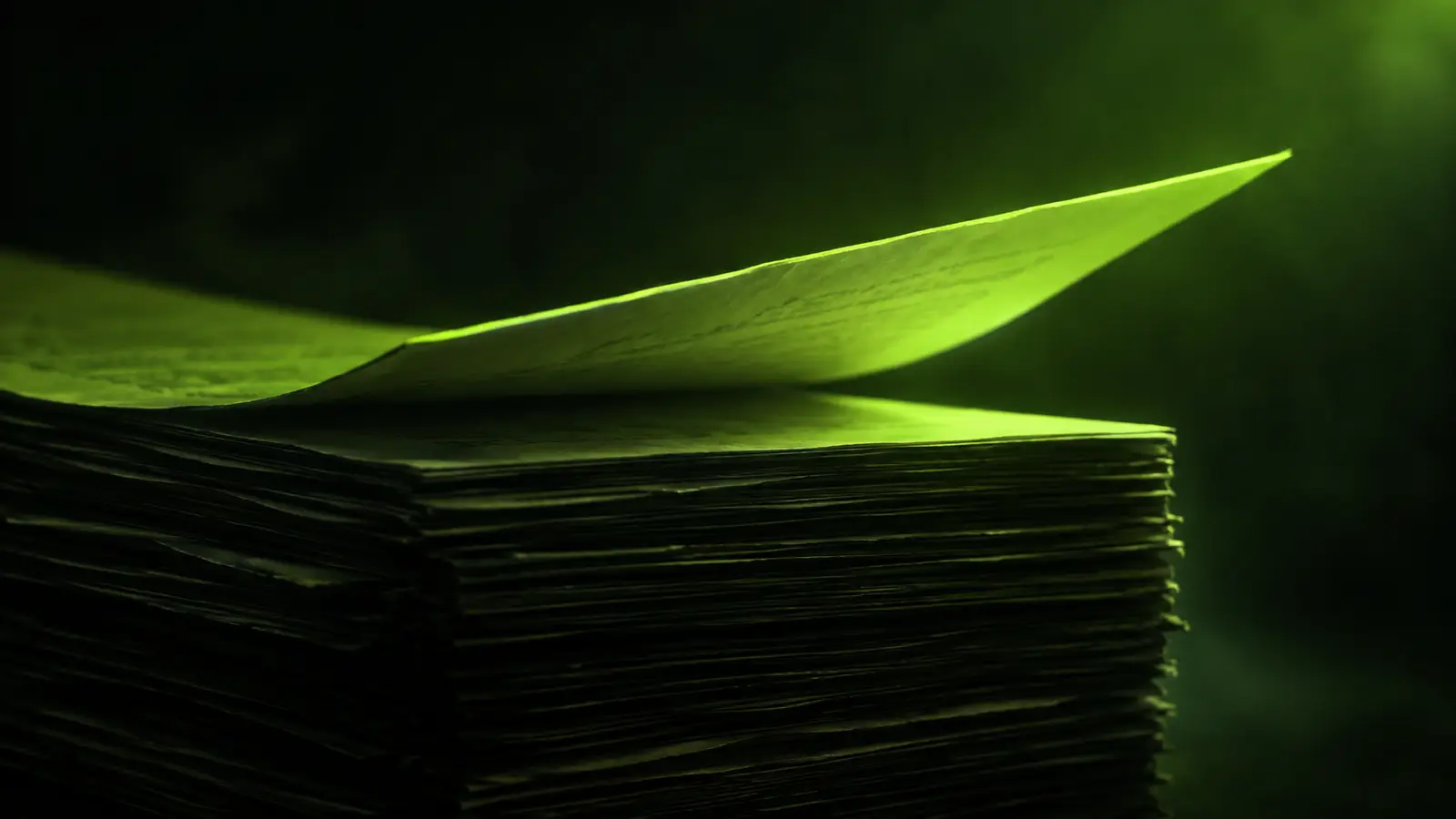 A single lime-lit page being lifted from the top of a tall dark stack of documents