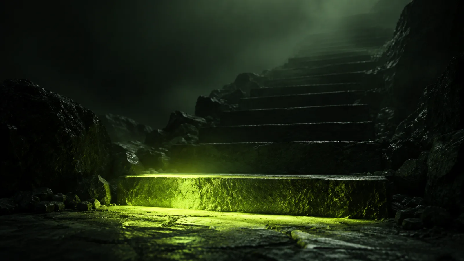 A dark stone staircase rising into mist, with only the first step lit lime