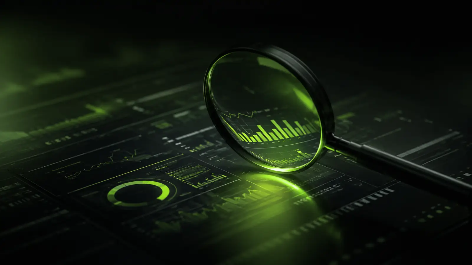 A magnifying glass resting on a dark analytics dashboard, its lens glowing lime green over rising bar charts