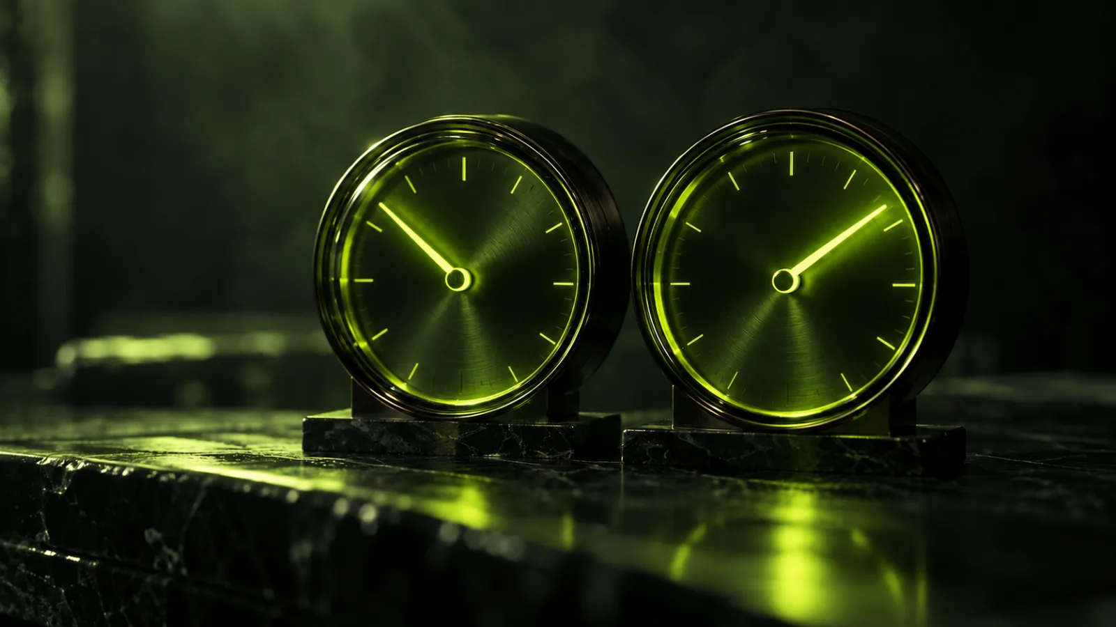 Two dark glass gauges side by side on a black stone desk, their needles and rims glowing lime