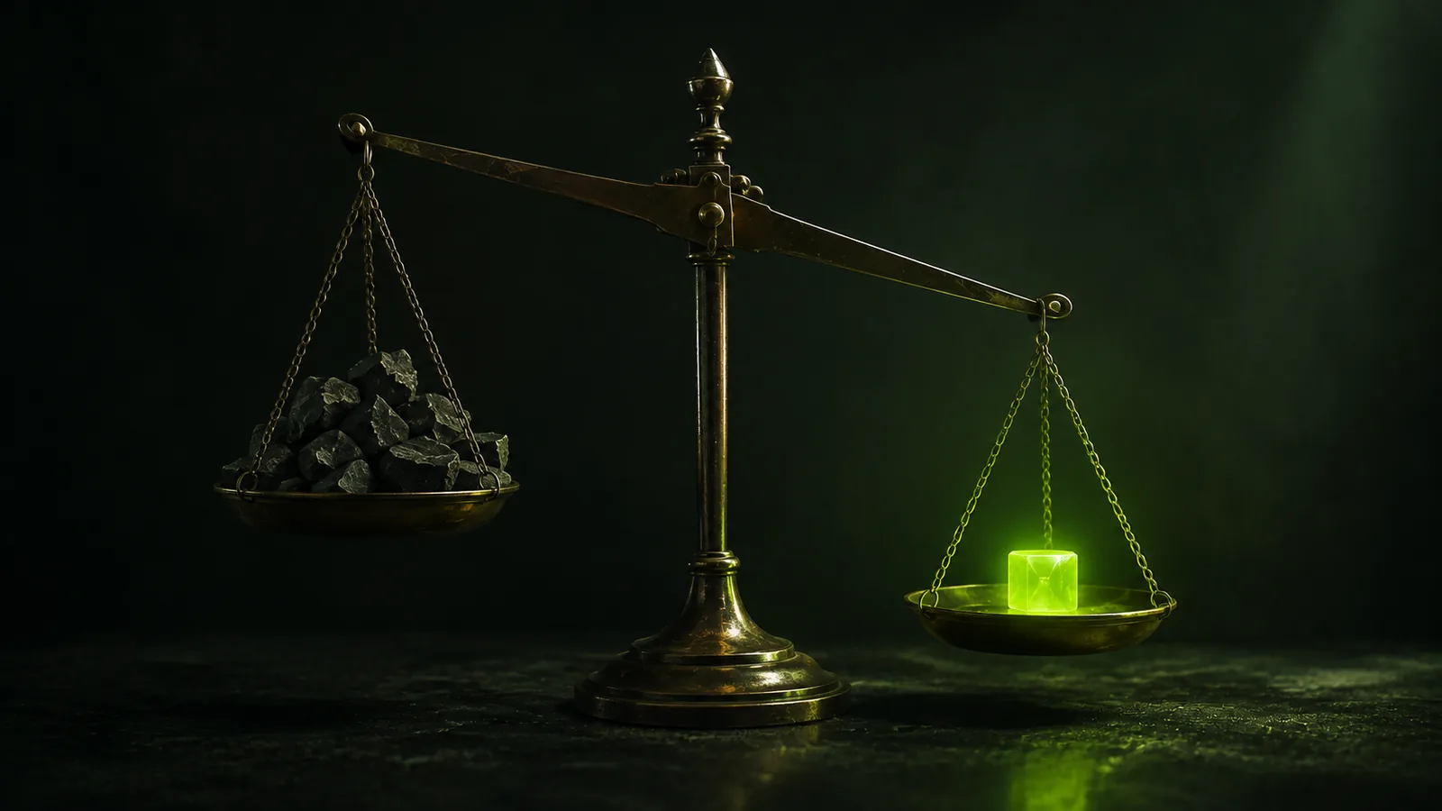 A brass balance scale where one small glowing green cube outweighs a heap of dark stones