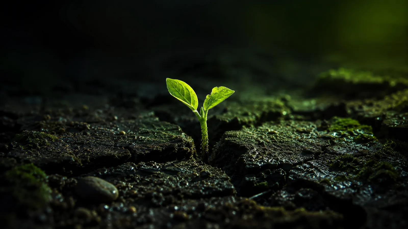 A single green seedling breaking through dark cracked soil, lit from one side