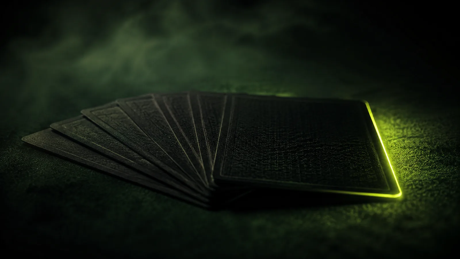A fanned hand of dark playing cards on a felt table, one card edge glowing lime green