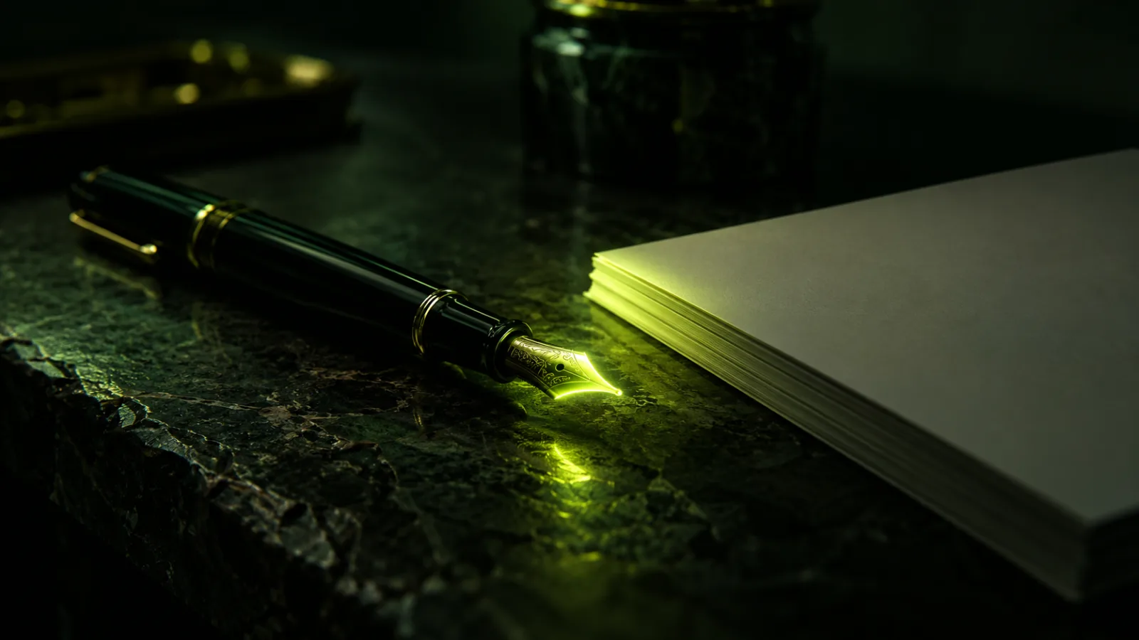A fountain pen on a dark stone desk beside a stack of blank paper, its nib glowing lime
