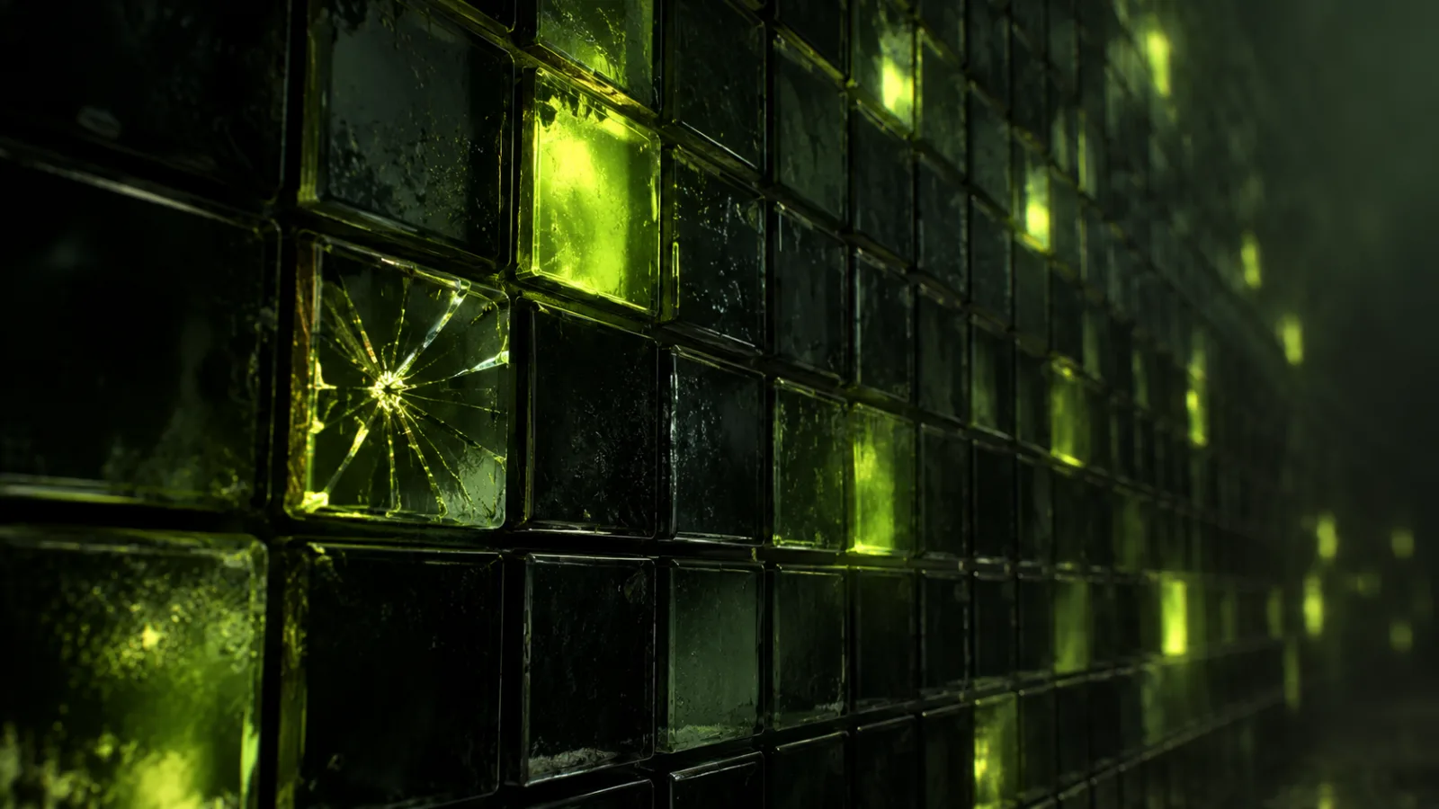 A dark wall of square glass tiles, a scattered few glowing lime, one tile in the foreground cracked