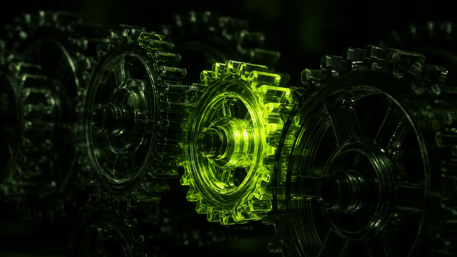 A row of dark translucent gears in shadow with a single gear glowing lime green from within