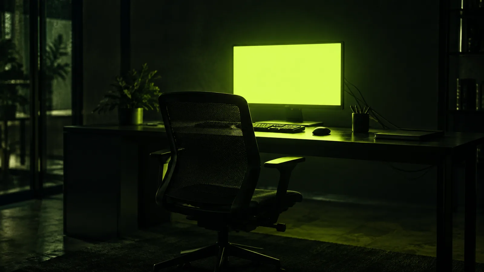 An empty office chair at a dark desk facing a monitor that glows solid lime