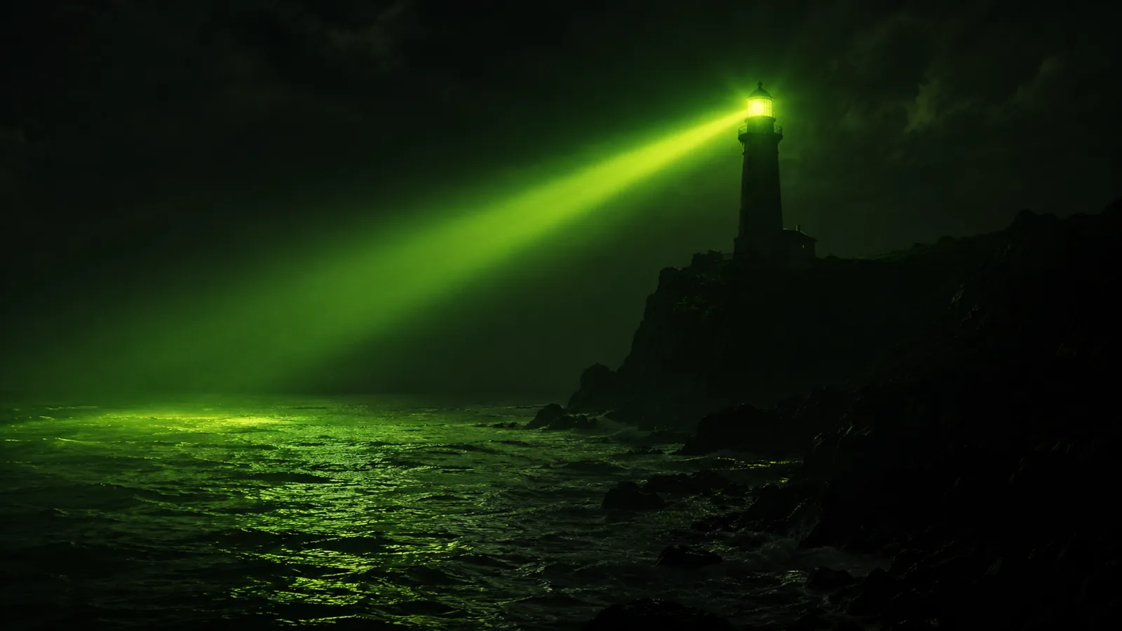 A lighthouse on a dark coast sweeping a green beam of light across a black sea