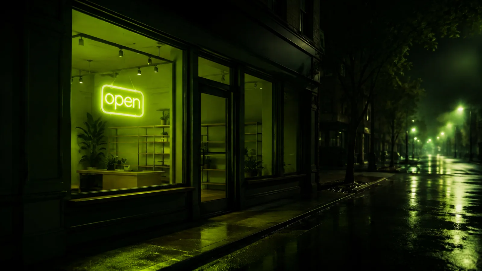 An empty lit storefront on a dark street at night, a lime green open-sign glow in the window